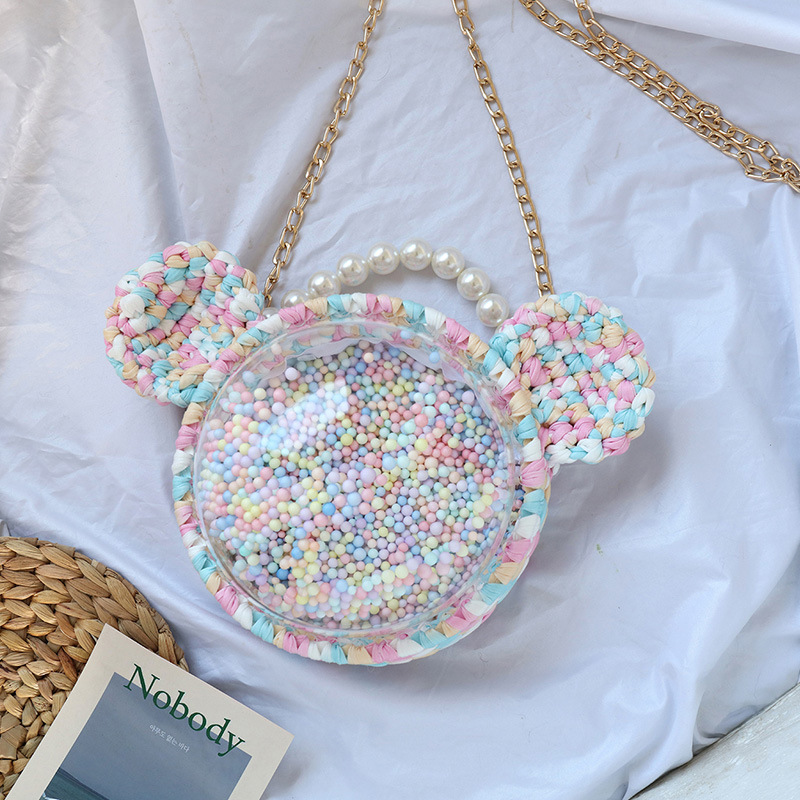 Picture of Handmade woven cloth line bear Mickey bag material bag transparent hemisphere acrylic Pearl handbag satchel