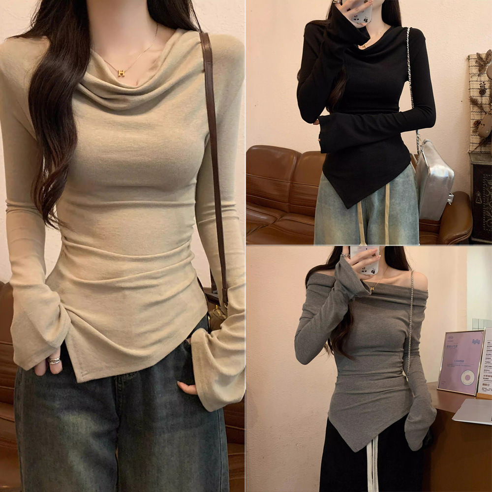 Xinyu Korean version of spring and autumn new slim and sexy irregular top, long-sleeved T-shirt with a base shirt design