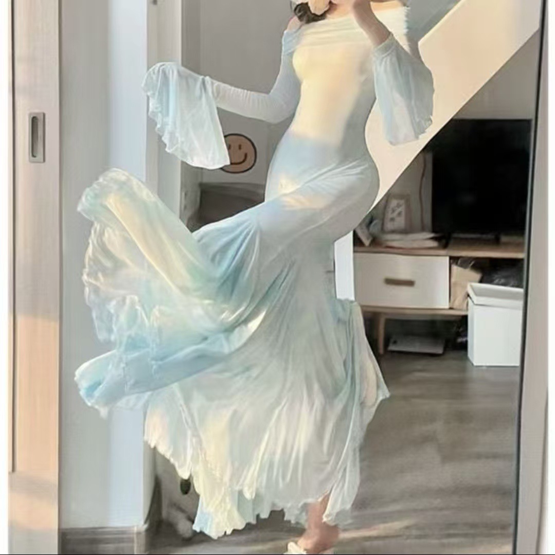 Picture of Fat girl feels beautiful plus size micro fat girl water color shoulder horn sleeve dress new sexy hip fish skirt