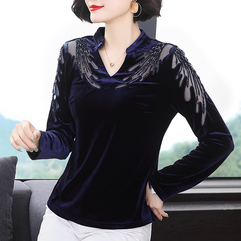 2023 blue long sleeve cotton elegant commuter Korean style pullover gold velvet slim solid color wide collar t-shirt