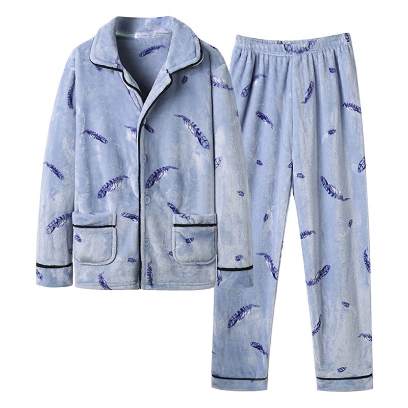 Autumn and Winter new men's pajamas coral fleece pajamas suit fleece-lined warm flannel comfortable home Wear factory goods