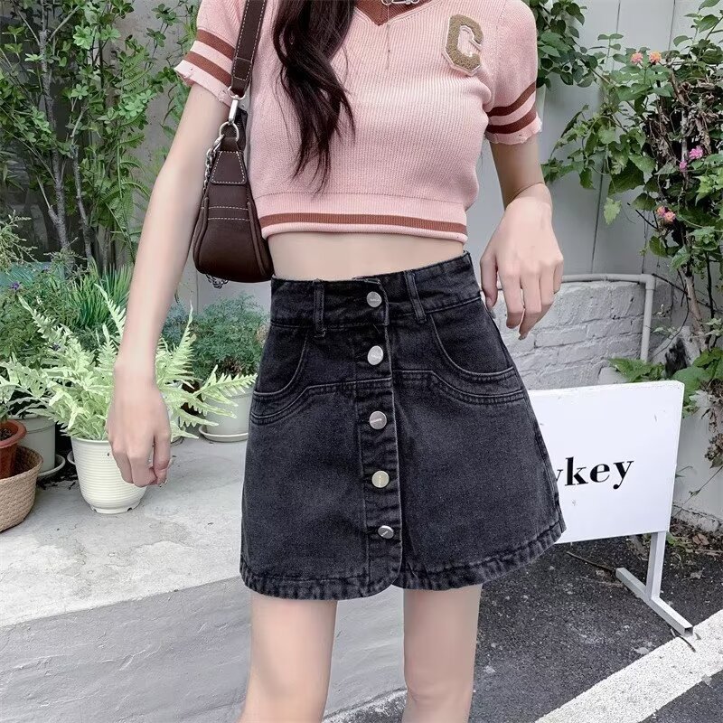 Denim Shorts Skirt Women's High Waist 2024 Summer New Slimming Easiest for Match Buttoned A-Line Skirt