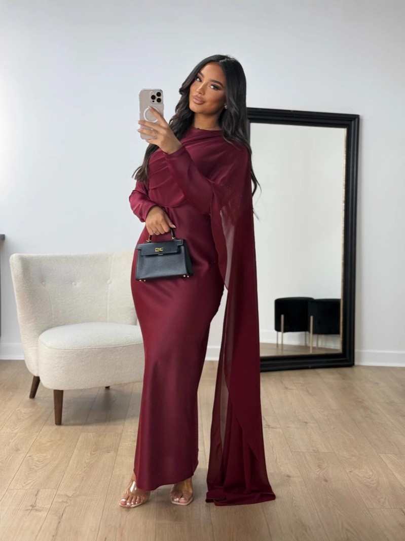 Picture of 2024 Autumn and Winter Cross-border Foreign Trade Women's Clothing Amazon Independent Station ebay Middle East Wrapping Hip Satin Chiffon Evening Dress