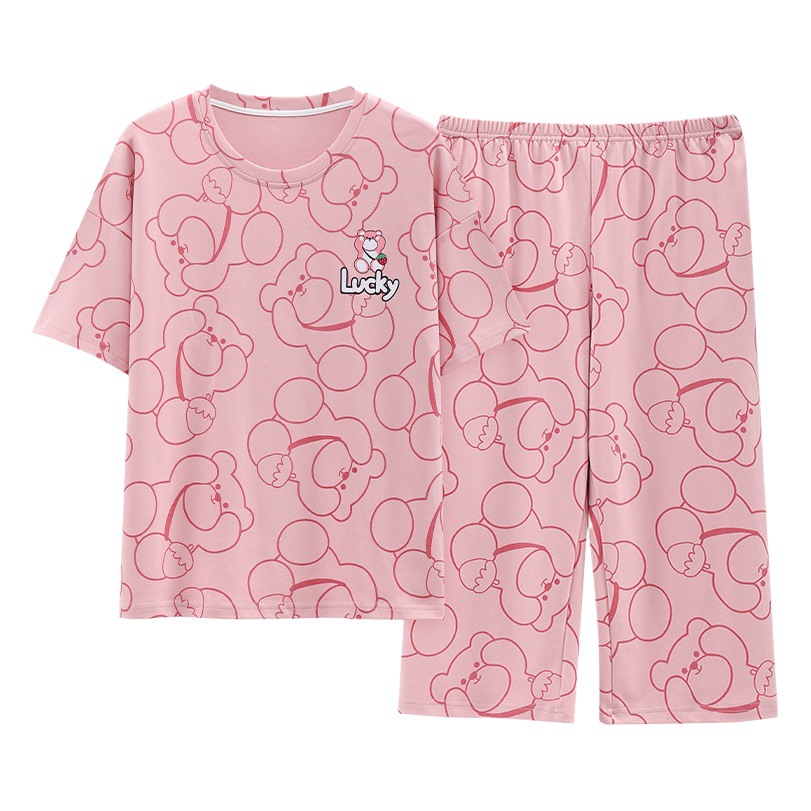 Pajamas women's summer women's summer cotton short-sleeved cropped pants with chest pad women's suit sweet girl home wear summer