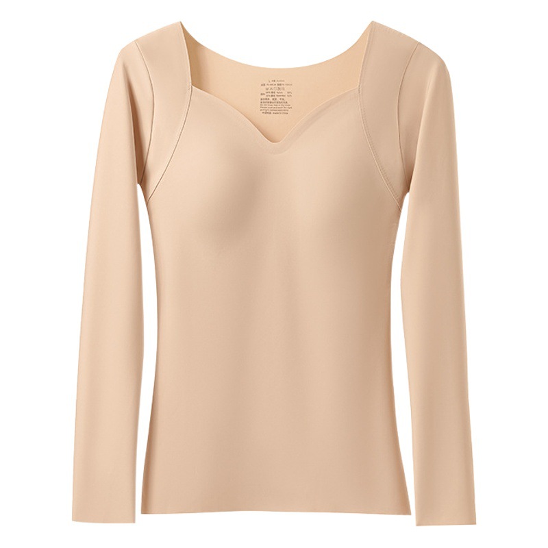 Autumn and Winter New Women's Skin-beautifying Clothes with Chest Pad Women's Traceless V-neck Slimming Comfortable Base Two-in-One Warm Long-sleeved Top