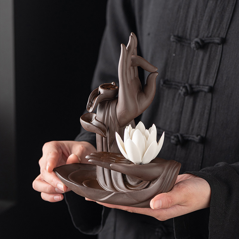 Picture of Buddha's Hand Lotus Incense Burner Sandalwood Tower Incense Purple Sand Incense Burner Crafts Creative Ornaments Indoor Backflow Incense Burner Cross-Border
