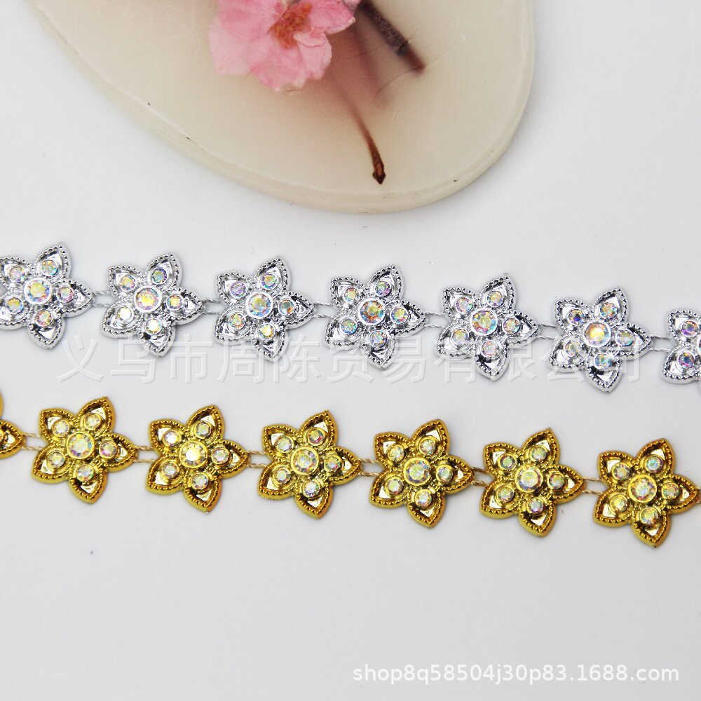 Cross-border in-stock five-petal flower bead chain, rhinestone plastic lace, handmade DIY materials, shoes, hats, accessories, clothing accessories