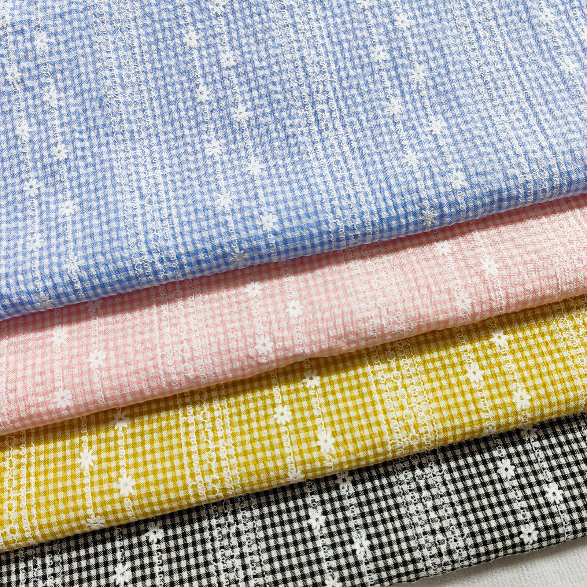 Spring and Summer small fresh yarn-dyed lattice foam geometric floret line printed fabric dress children's clothing limited-time discount