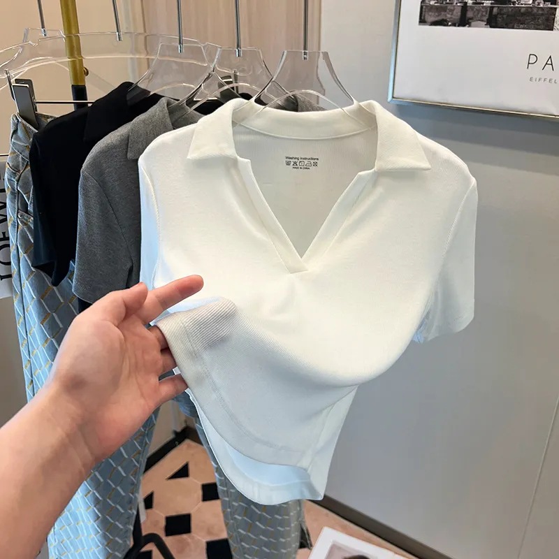 Spice Girls Pure Want White V-neck Short-sleeved T-shirt Summer Solid Color All-match Short Slim-fit Ins Super Popular Polo Collar Top for Women