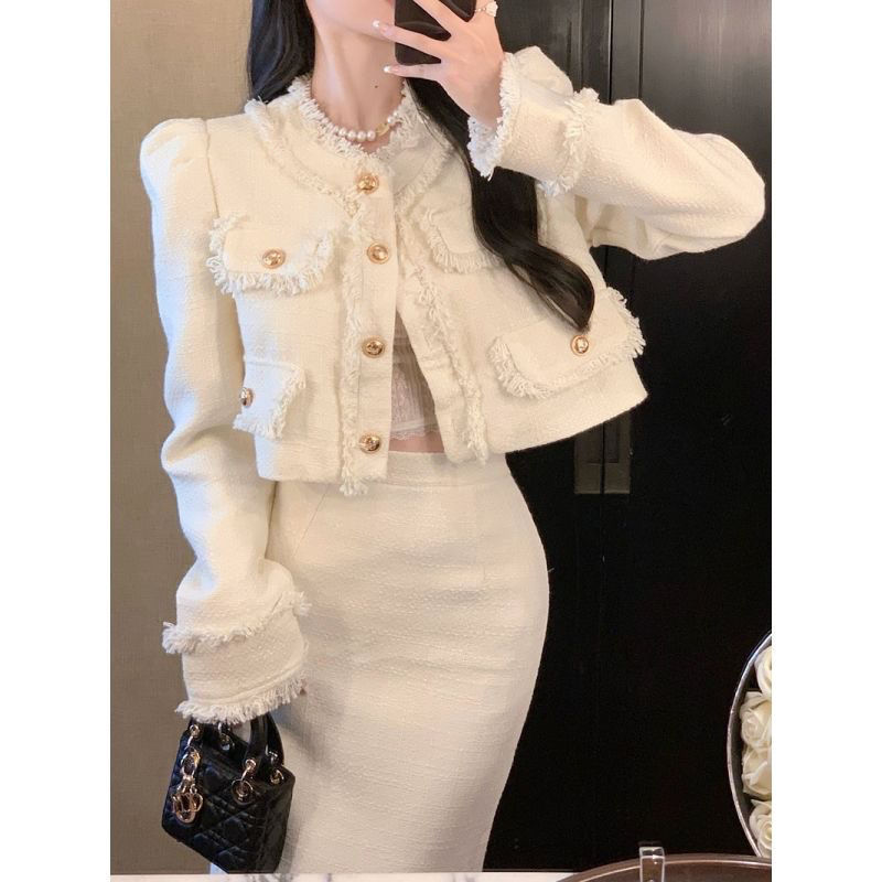 Autumn and Winter New Style Elegant Socialite Fragrant Style Long Dress Suit Western Style Fashion Slim Two-piece Sexy Suit Long Dress
