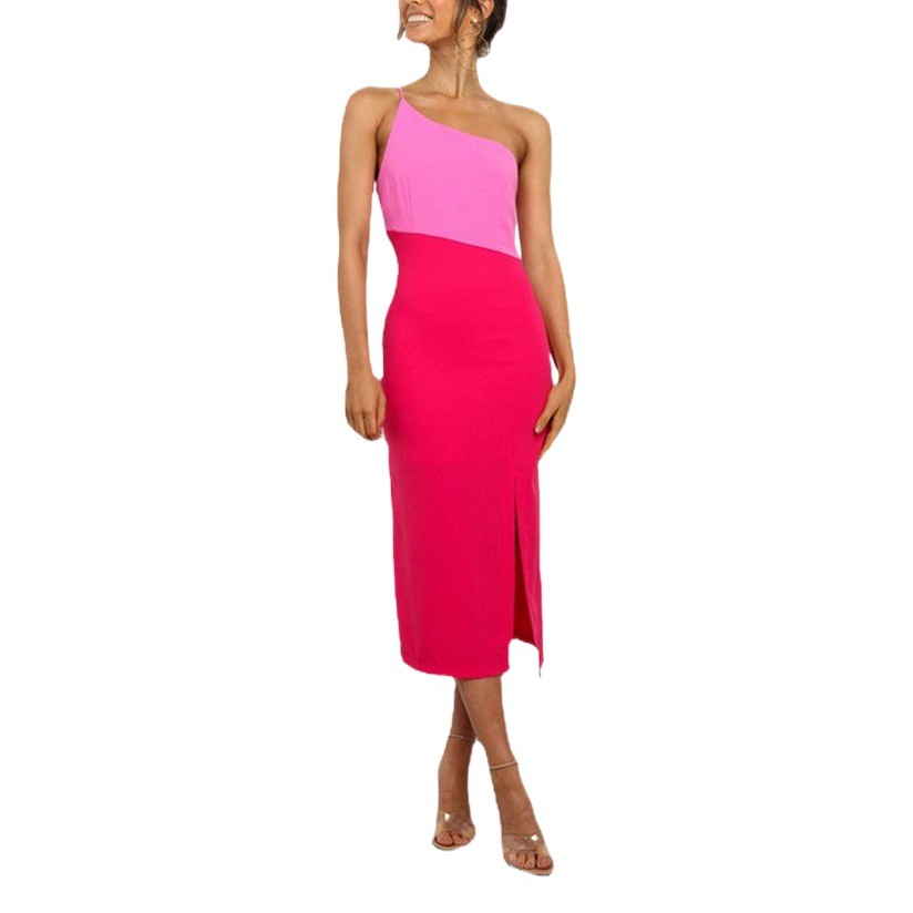 European Station Summer Contrast Hip Skirt Sexy Sling Strap Single Shoulder Split Stitching One-step Skirt with One-step Collar for dress Women