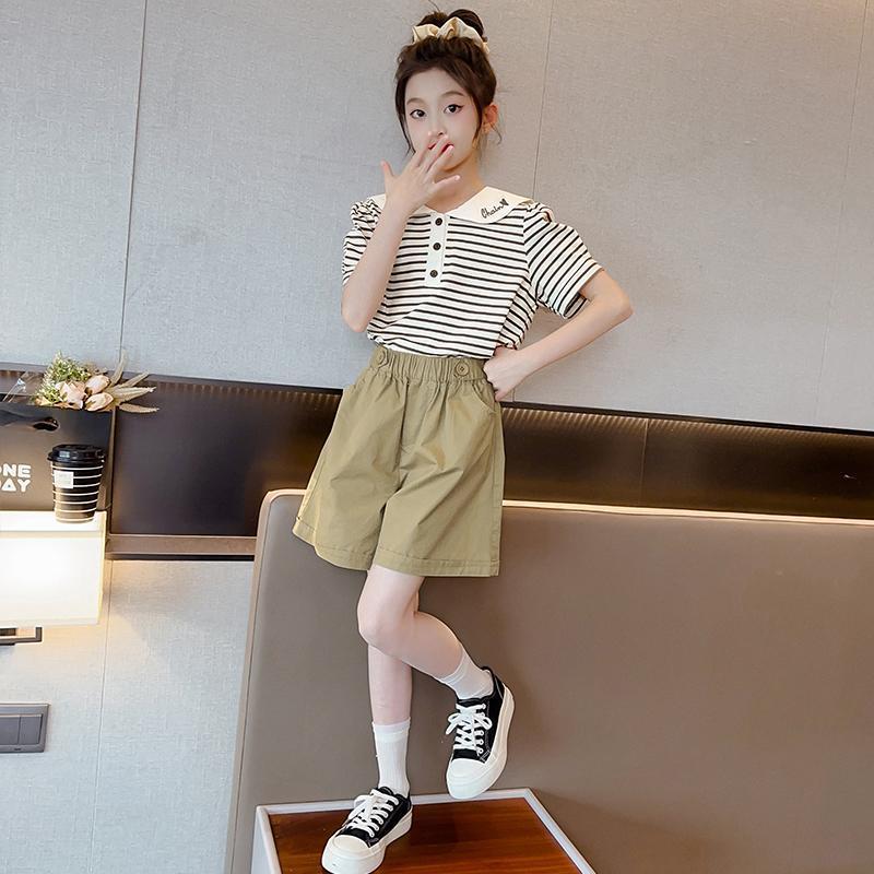 Picture of Girls' suit Summer Big Girls' Short-sleeved Striped Doll Collar Top Casual Shorts Children's Summer Sports Summer Wear