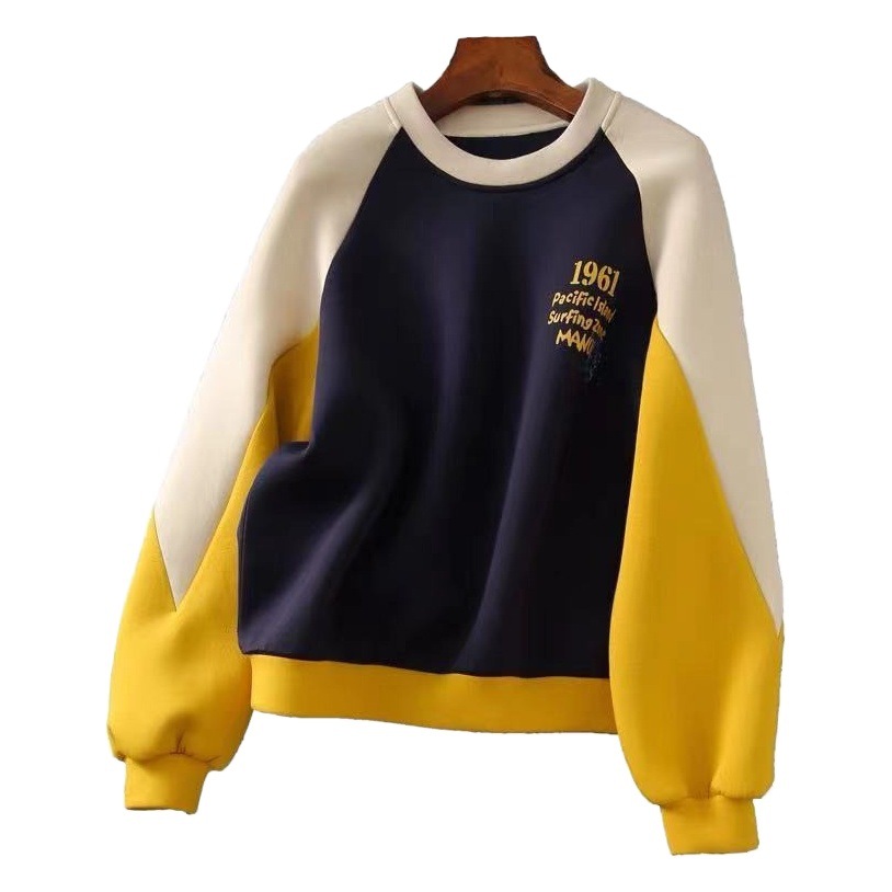 Cotton round neck sweater for women Spring and Autumn thin slimming New loose versatile design stitching contrast color hooded top