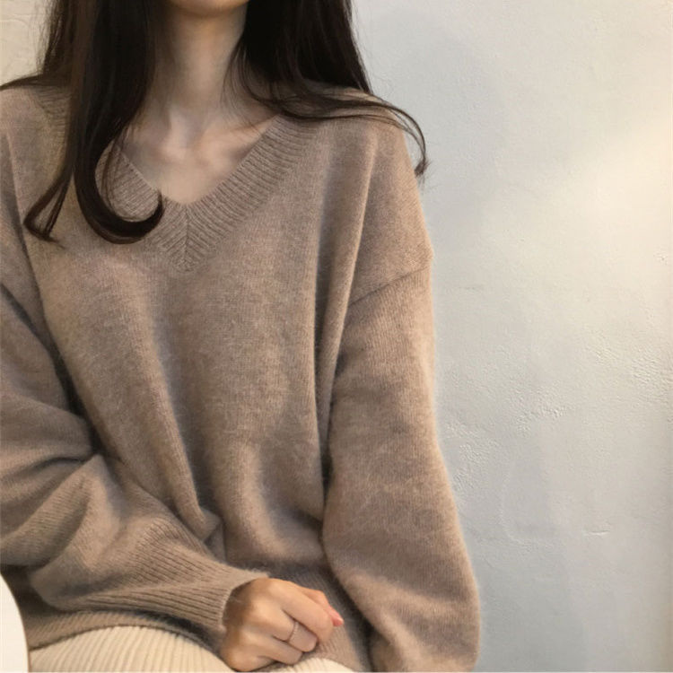 2022 Autumn and Winter V-Neck Sweater Loose Lazy Style Pullover Top Women's Solid Color Base Long-Sleeved Inner Sweater