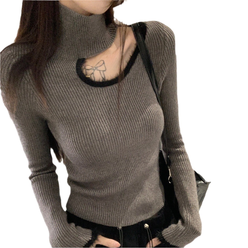 Sweet hot girl hollow-out half turtleneck sweater women's autumn and winter New Design top slim temperament undershirt