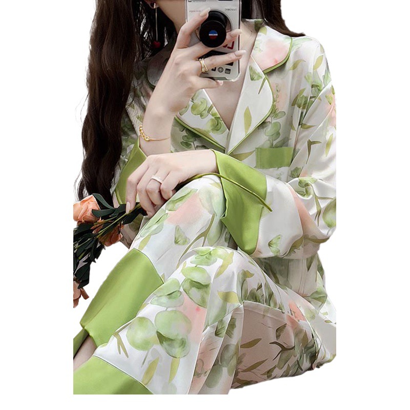 Cross-border high-grade ice silk pajamas women's spring and summer new sweet long-sleeved trousers outerwear home clothes suit wholesale
