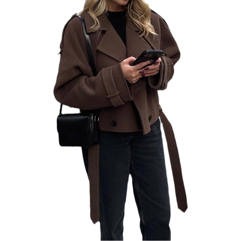 European and American cross-border 2023 autumn and winter women's woolen coat personality Street suit collar lace-up long-sleeved jacket coat for women