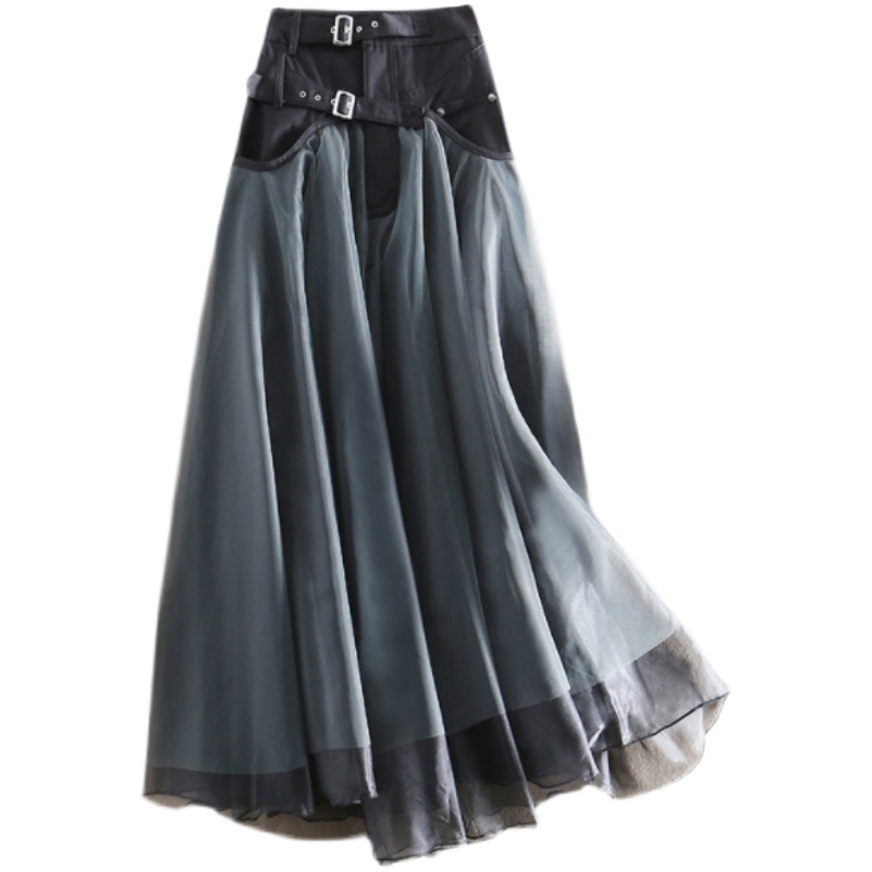 2023 autumn and winter New skirt mid-length A- line skirt women's high waist slimming stitching mesh fluffy skirt