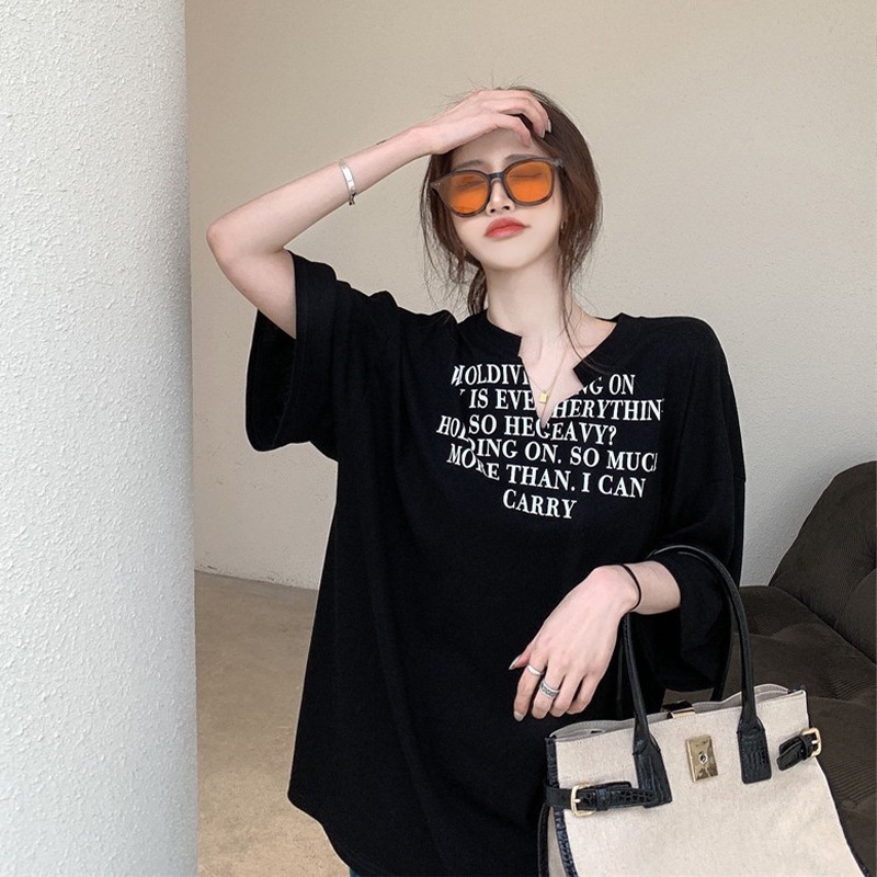 Cross-border plus size women's clothing summer new mid-length loose letter short sleeve T-shirt V-neck top trendy fat mm200 kg