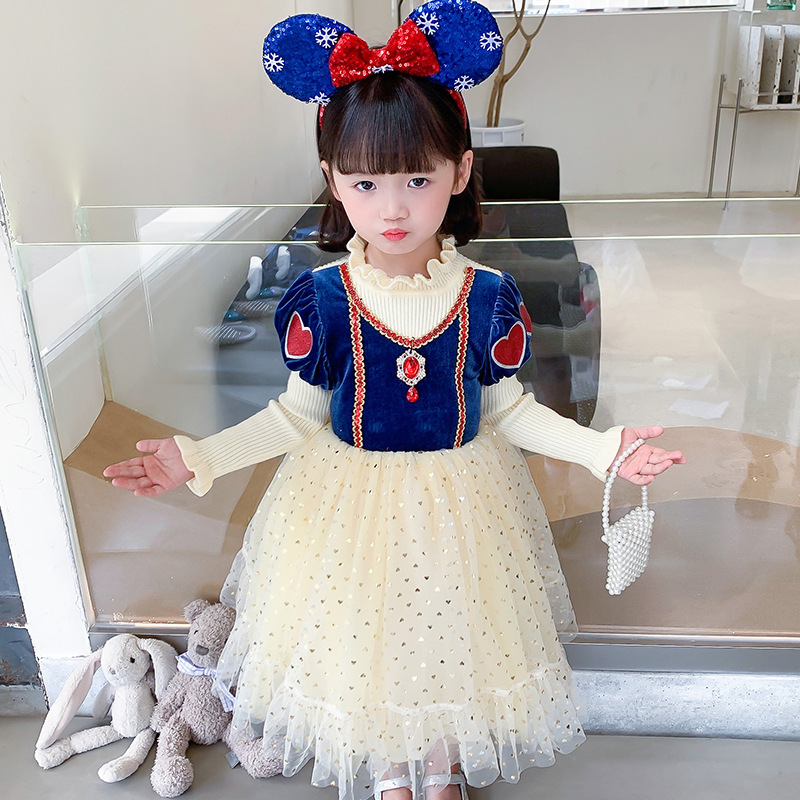 Girls Autumn and Winter 2025 New Style Velvet Snow White Dress Children's Puffy Yarn Elsa Princess Dress Dress