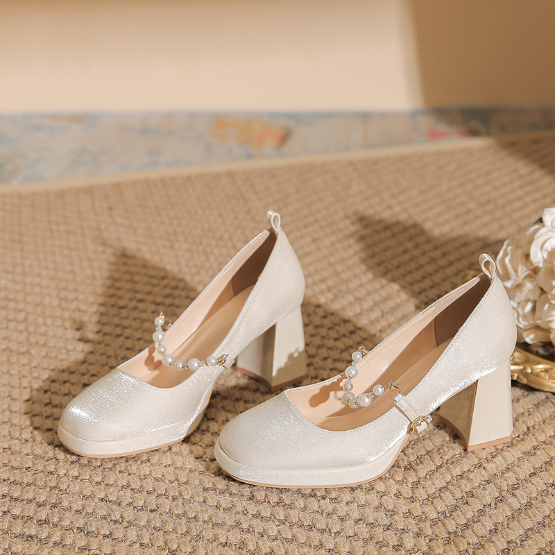 2024 Autumn New Apricot White Wedding Dress Mary Jane Women's Shoes Small High Heels Princess Bride Wedding Shoes