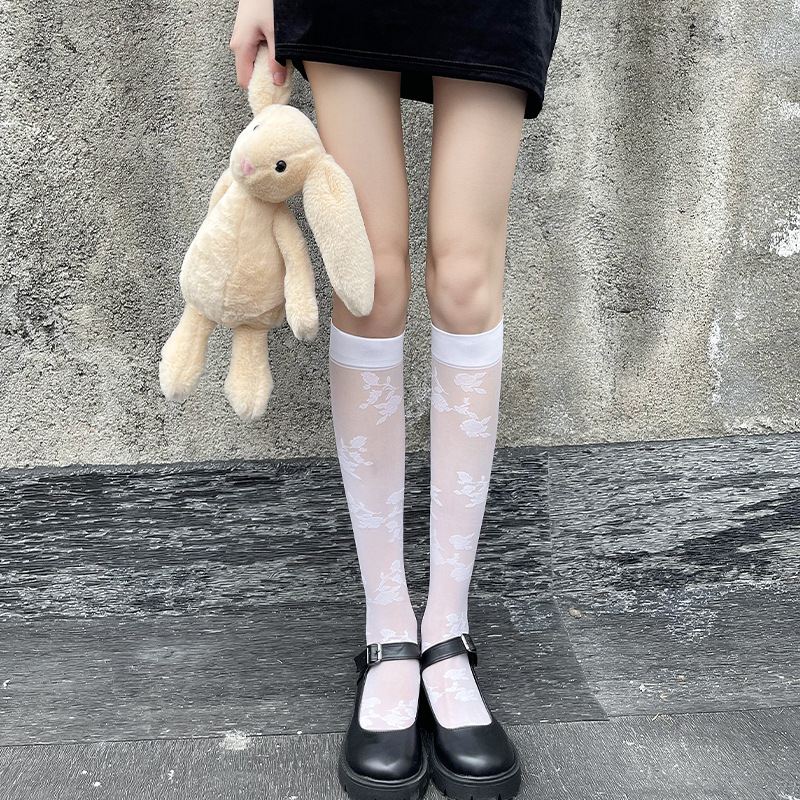 Picture of Silk stockings summer socks knee socks small polka dot half white half jk tide socks ins ladies black ultra-thin
