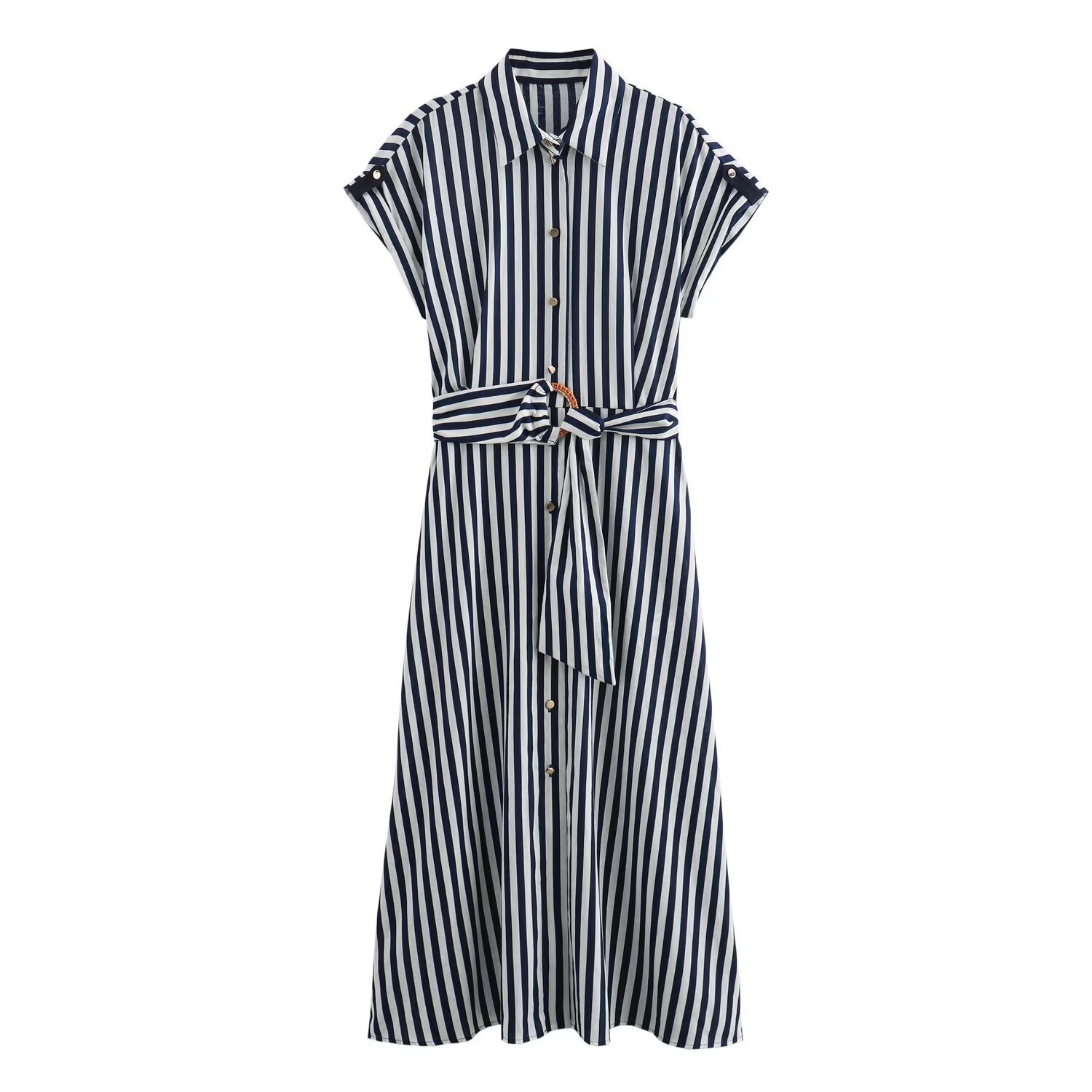 European and American Cross-border Women's Clothing 2024 Summer Fashion Street Loose Striped with Belt Shirt dress F61038