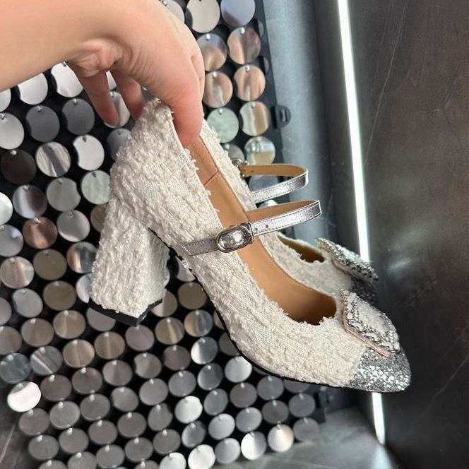 Sequined chunky heel shoes with color matching Mary Jane shoes square toe high heels women's rhinone buckle 2024 autumn new