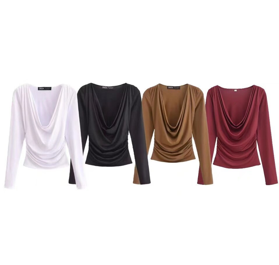 Pleated Swing Collar Slim Long Sleeve Draped T-Shirt Top Women's New European and American Style Base Shirt in Spring 2025