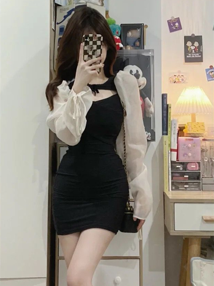 French Hepburn style hot girl black dress women's autumn design chic hollow-out sexy waist hip skirt