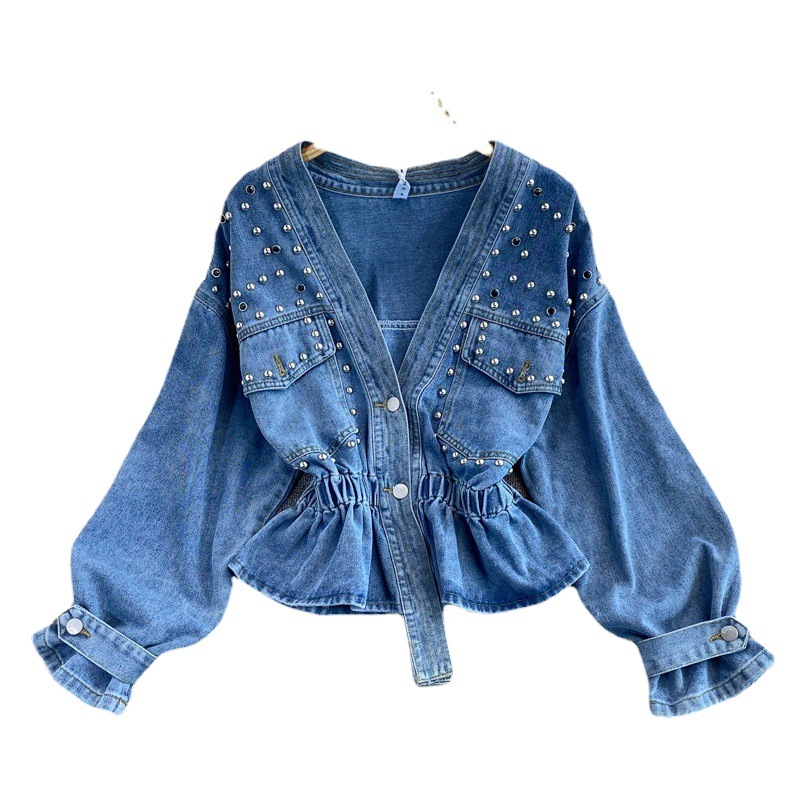 Foreign Trade Denim Jacket Women's Autumn New Korean Style Loose bf Fashion All-match Beaded V-neck Short Waist Top