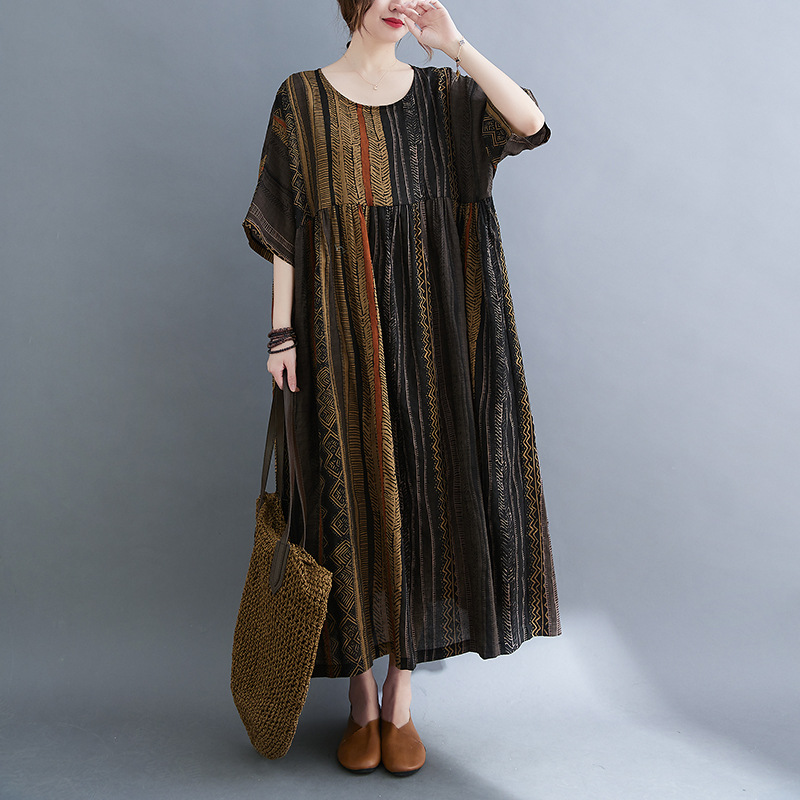 Large Size Women's Summer New Artistic Retro Age-reducing Ethnic Style Round Neck Short-sleeved Large Swing Striped Dress