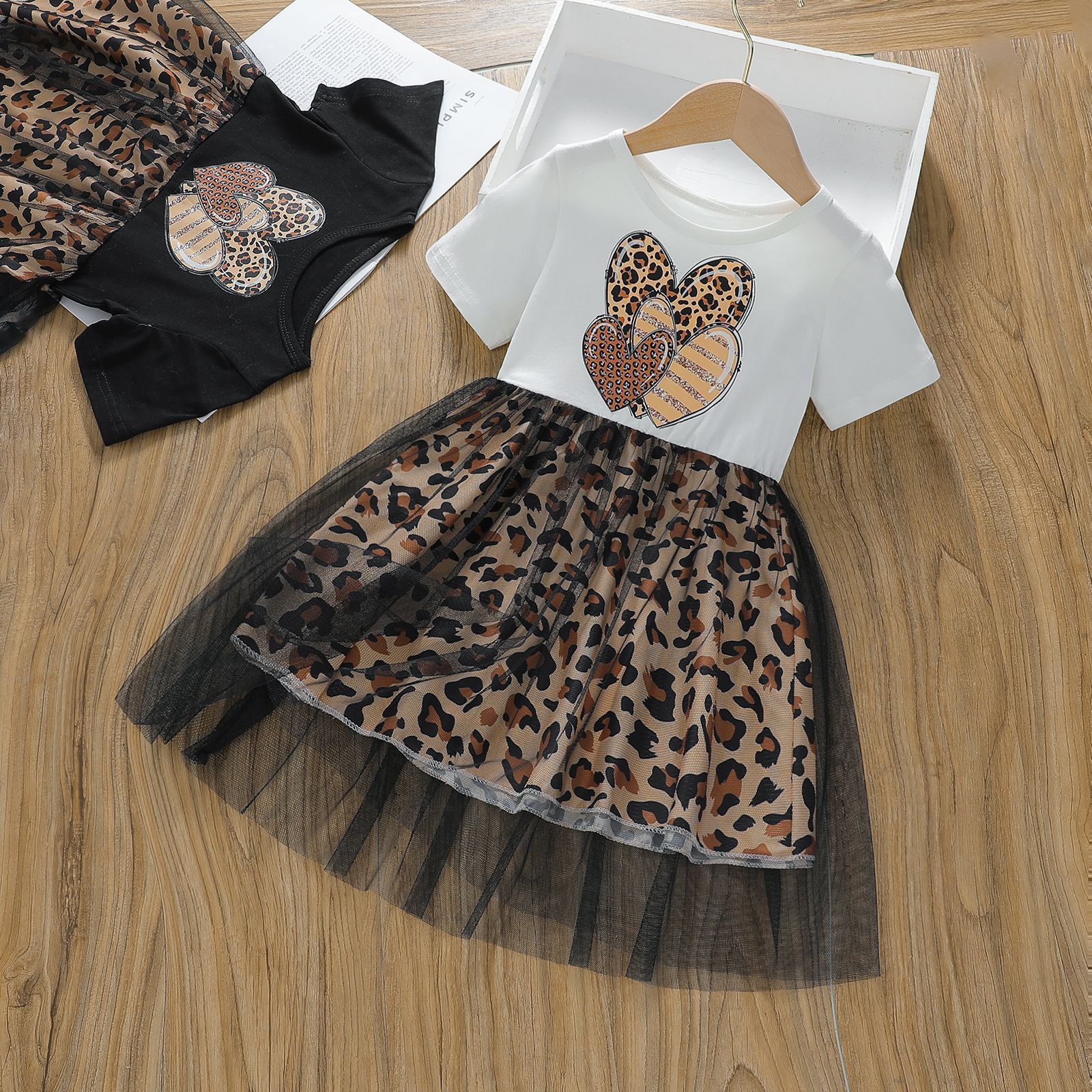 Children's Foreign Trade Summer Baby Girl's dress 2024 New Style Girl's Printed Stitching Leopard Mesh Dress