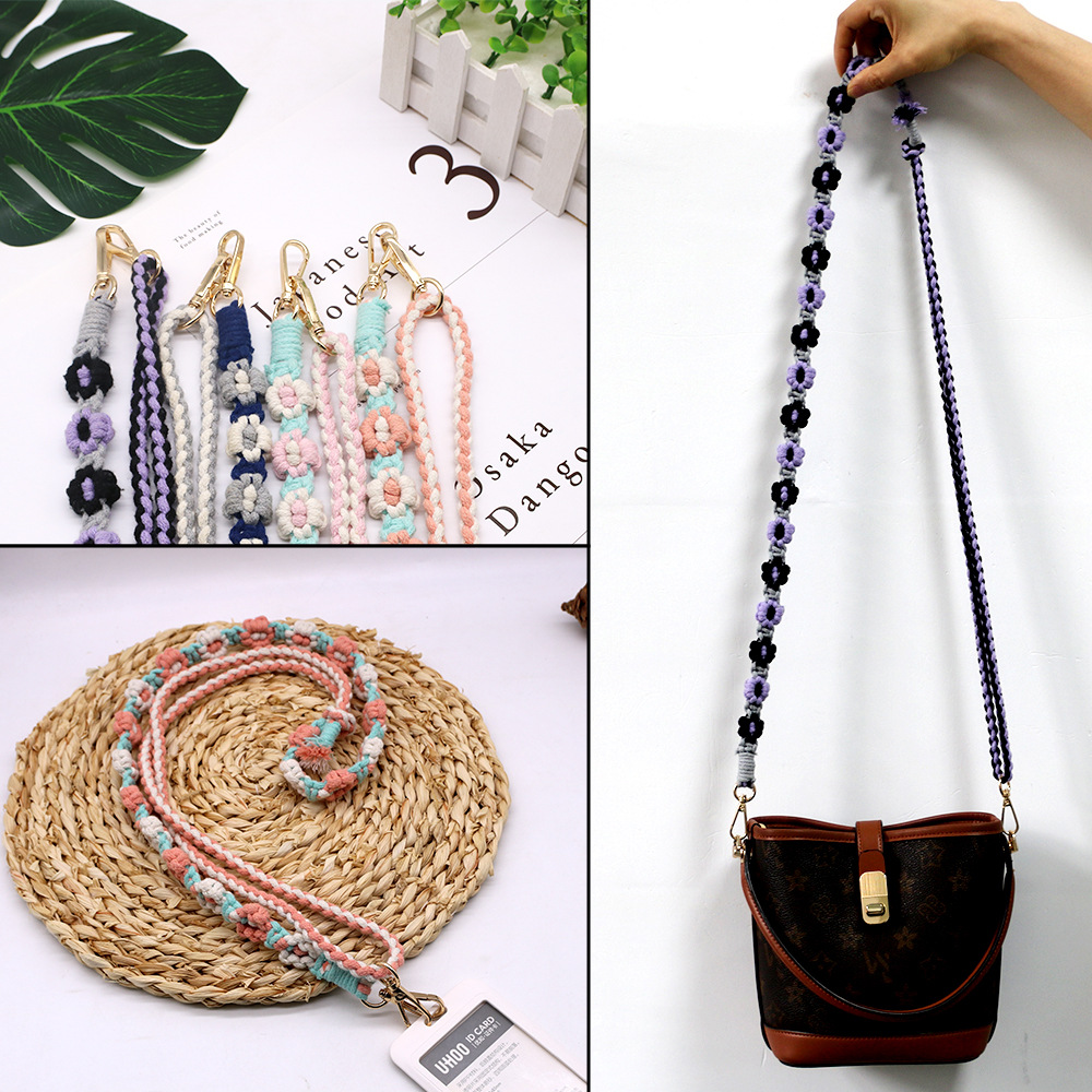 New Cotton Rope Hand-Woven Shoulder Strap Adjustable Extension Keychain Flower Lanyard Creative Flower Bag Strap Cross-Border