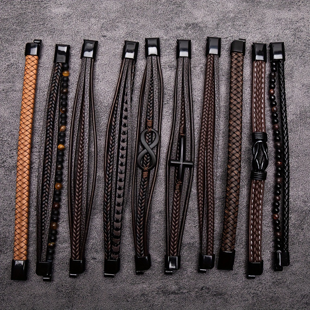10pcs simple retro fashion men's buckle pu leather fabric bracelet tiger karst stone bracelet suit