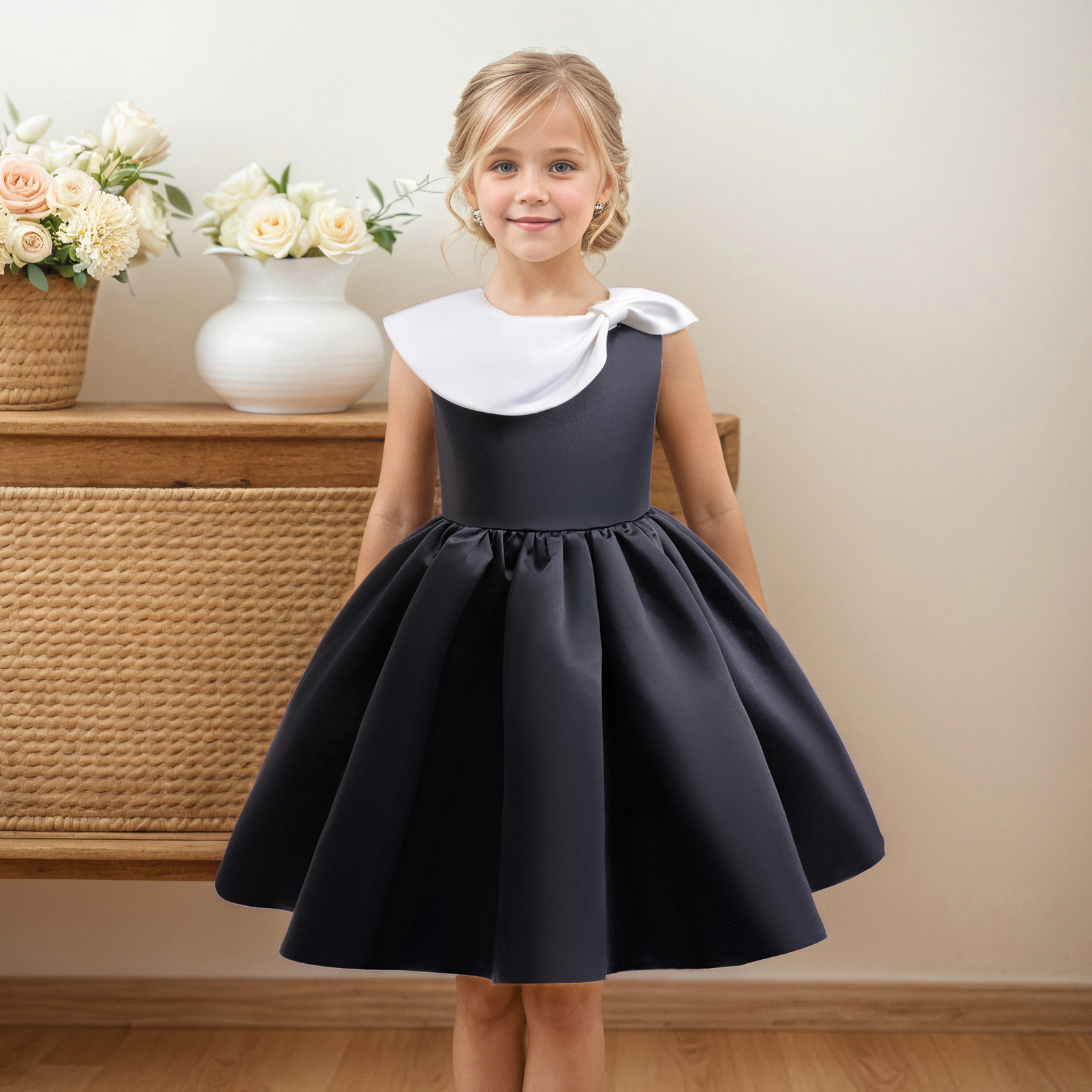 Cross-border Retro Children's Dress Big Girl Satin dress Children's Wear Black and White Color-block Lapel Princess Dress Gown