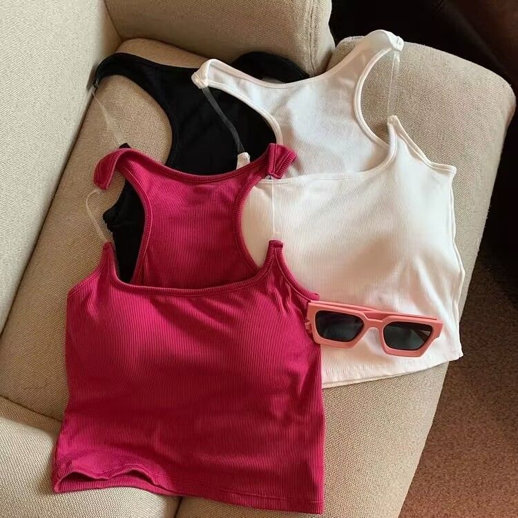 Ice Silk Solid Color Outer Wear Sleeveless Camisole Women's Summer Pure Desire Spice Girls Slim-fit Slimming Shoulder Top with Chest Pad