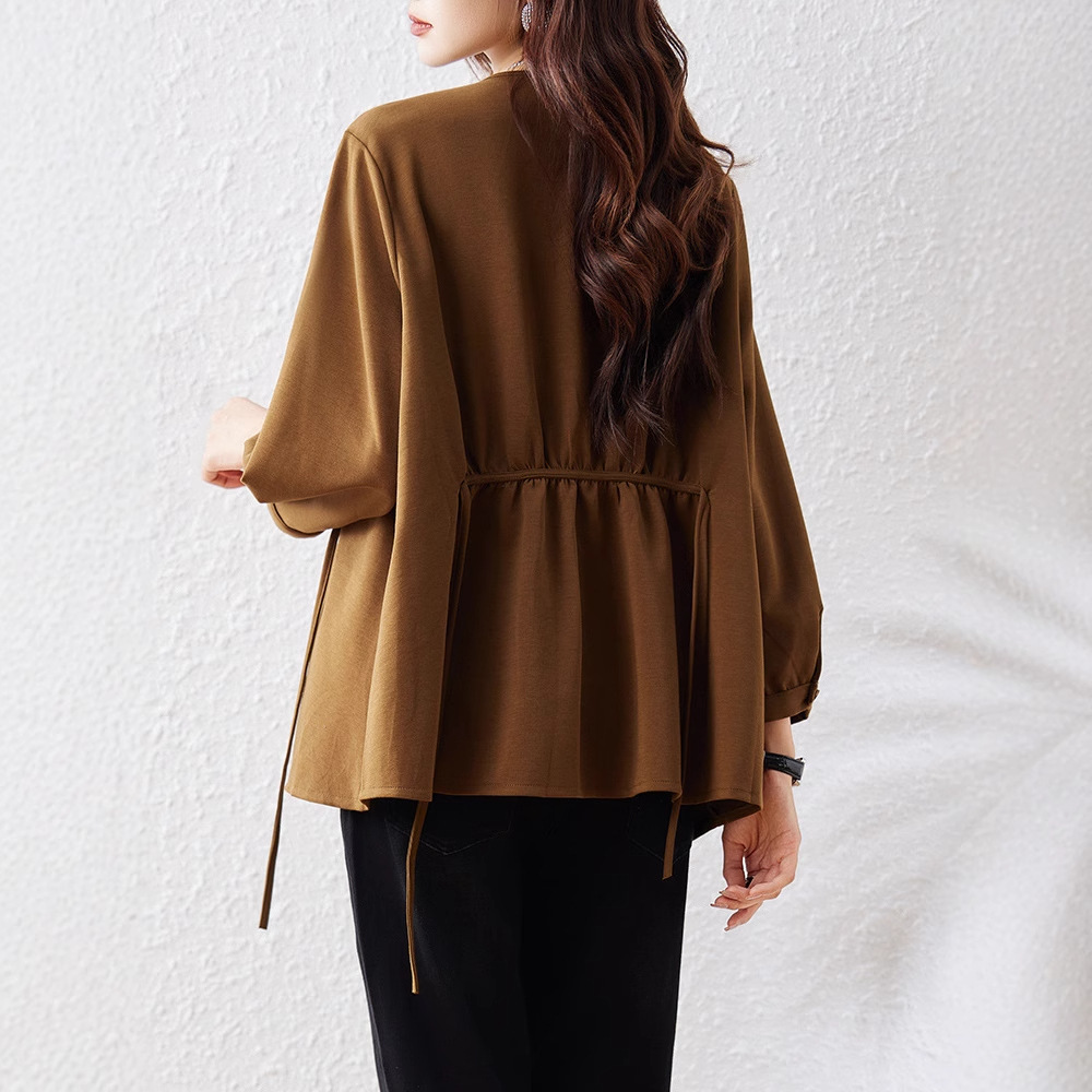 Picture of Real Shot of Ready-Made Elegant V Neck Sweatshirt for Women in Autum 2025 New Loose Large Size Pinch Pleat Waist Design Top