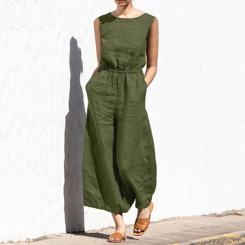 Picture of 2025 Cross-Border European and American Summer Solid Color High-Waisted Sleeveless Long Pants Women's Casual Loose Jumpsuit European and American Style