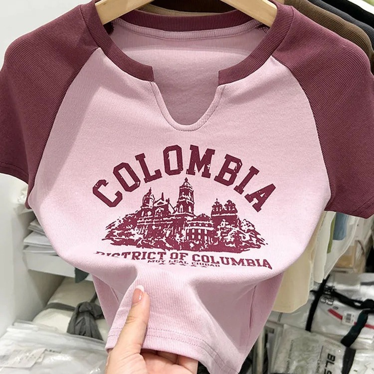 American Style Retro Hot Girl Pure Desire V Short Sleeve Collar T-shirt Women's Summer New Design Sense Niche Printed Letter Top