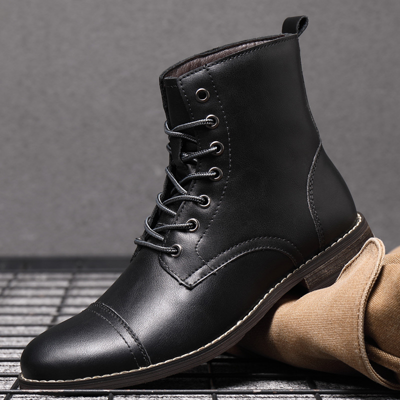 Cross-border AliExpress Autumn High-top fleece-lined Martin Boots Men's Korean-style Fashionable Retro Leather Boots Workwear Boots plus size Cotton Boots