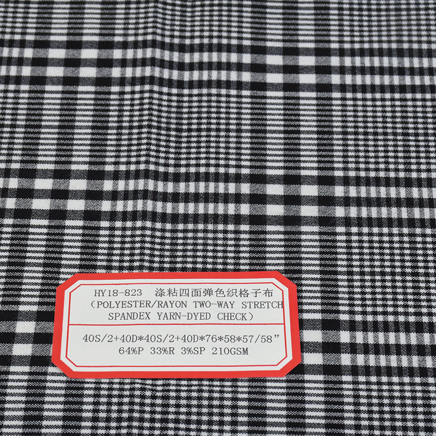 tr yarn-dyed plaid pr four-sided elastic Plaid 40s/2 + 40D polyester viscose high elastic fabric warp elastic weft elastic double elastic