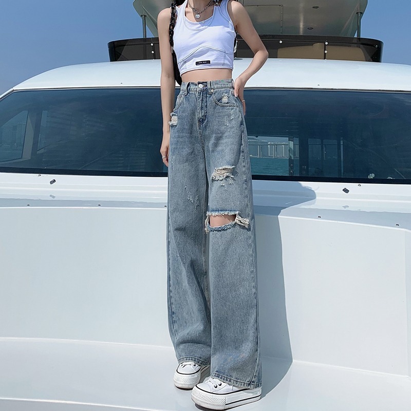 Ripped Jeans for Women Summer 2022 New Thin High-Waisted Loose Slimming Look Straight Design Wide-Leg Pants