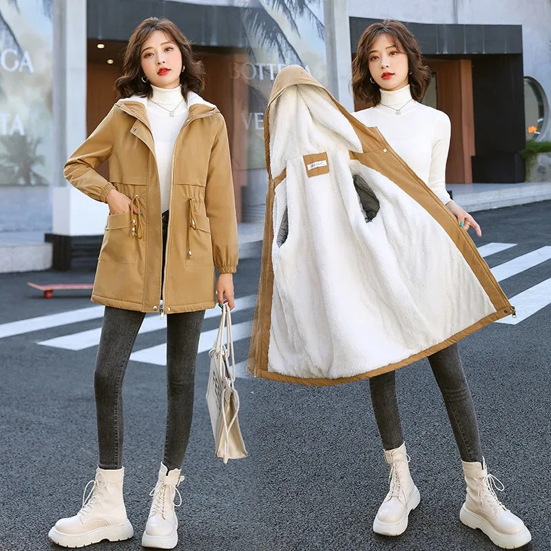 Winter thickened new heavy industry plus velvet long trench coat coat lamb wool cotton-padded jacket zipper buttons original practice