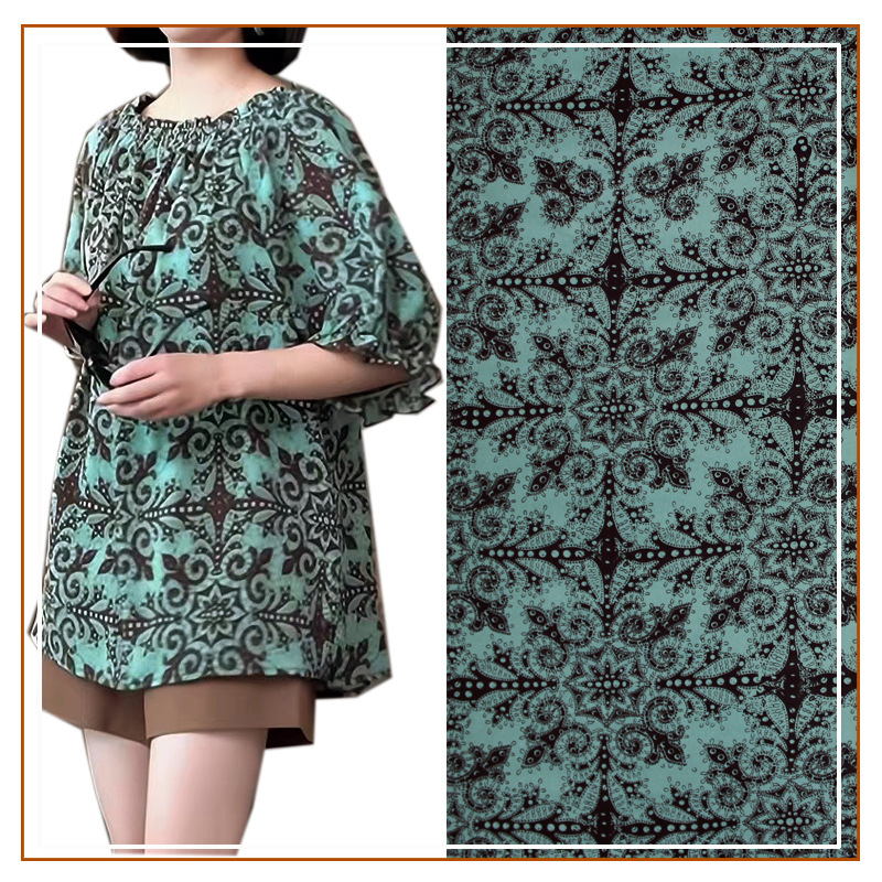 Plain Satin Green Big Flower Printed Fabric Top Long Skirt dress Slip Skirt Shirt Fabric Ethnic Style Explosions