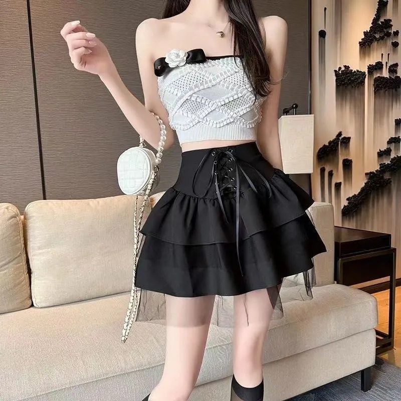 Spring and summer pure wind thin mesh ballet puffy skirt women's high waist skirt black cake skirt fish bone