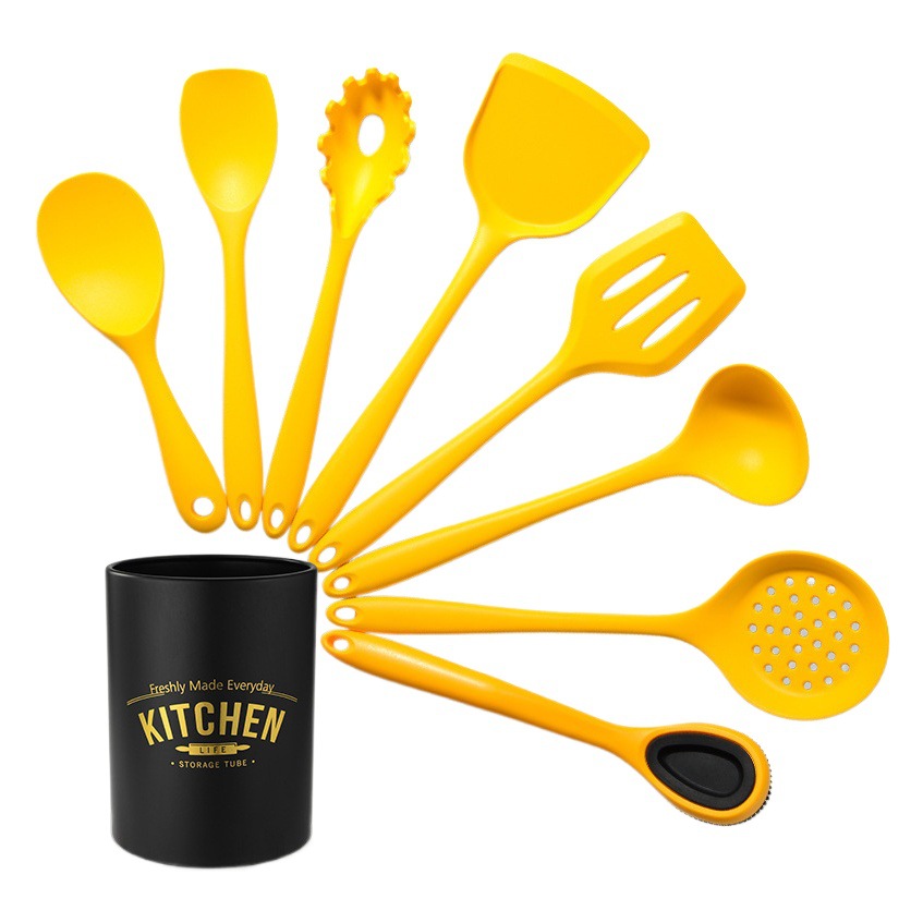 Picture of New Chinese Yellow All-inclusive Silicone 8-piece Kitchen Tools Kitchenware Set Cooking Shovel Spoon Stir-frying Shovel with Storage Bucket