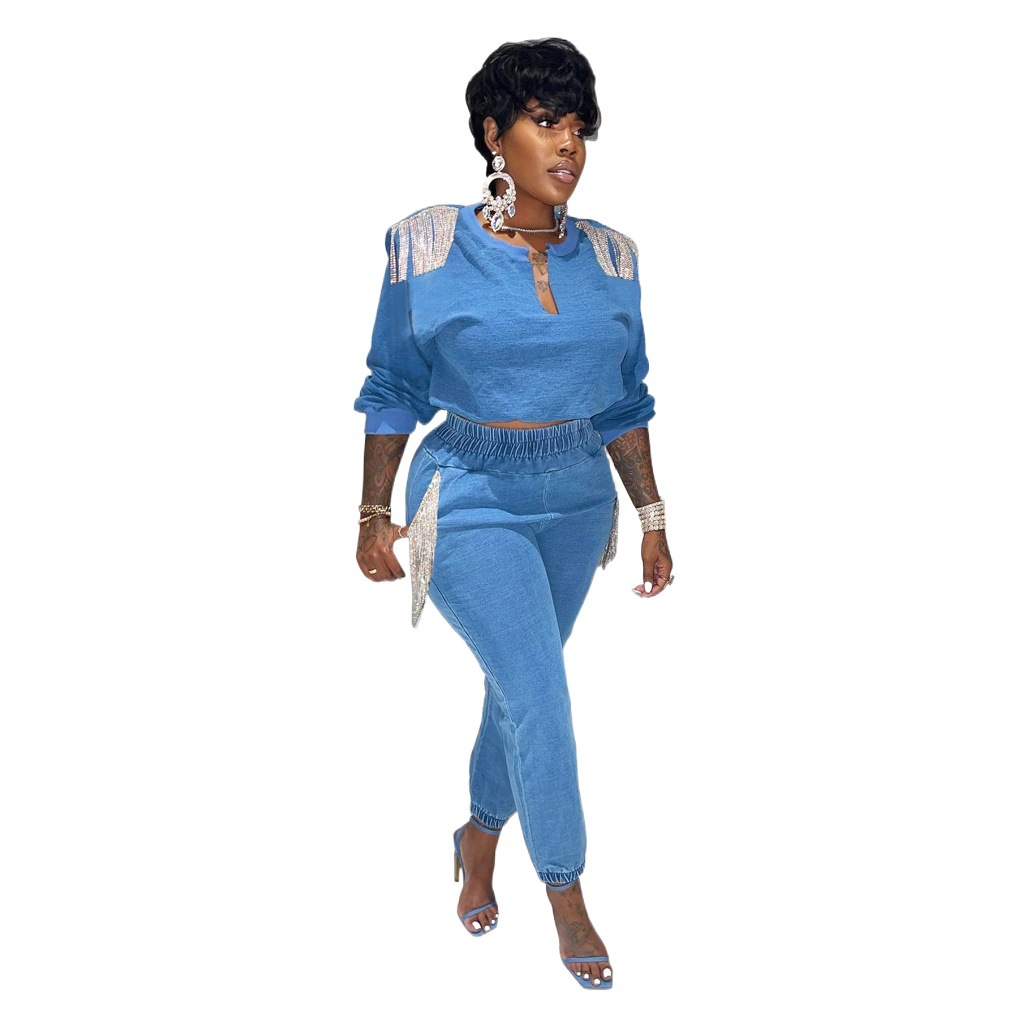 Cross-border Amazon Ebay AliExpress Spring and Autumn suit Irregular Open V-neck Tassel Elastic Foot Two-piece Set