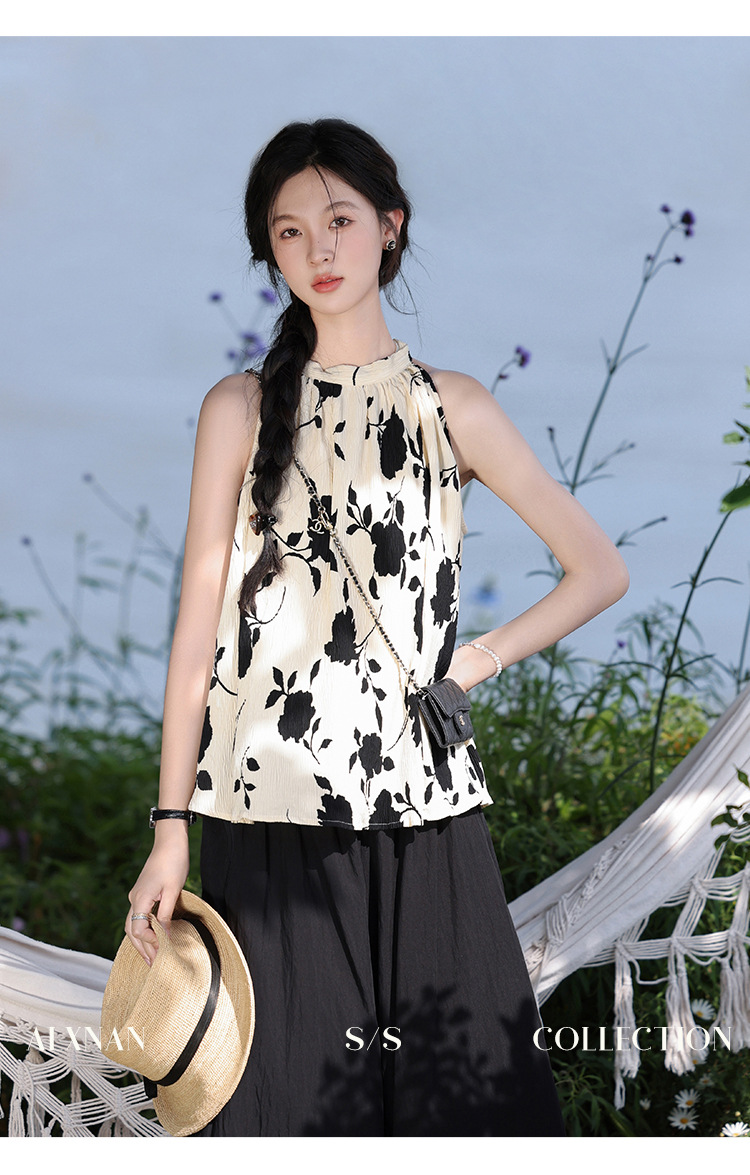 Picture of Design Sense Round Neck Back Lace Summer French Vest Sling New Style Chic Sleeveless Neck Top for Women