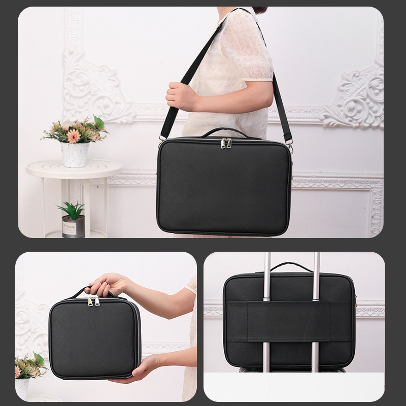 Picture of New makeup bag tall with mirror large capacity portable beauty cosmetics partition storage box black